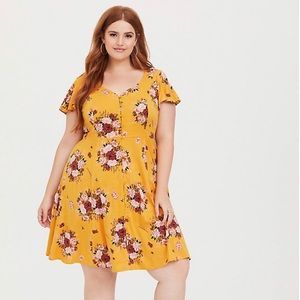 Yellow Floral Button Front Challis Skater Dress